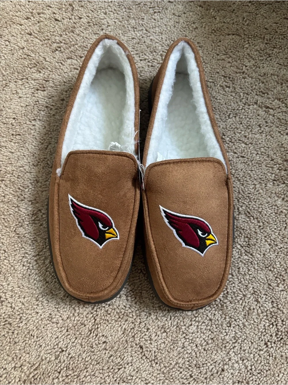 NFL Brown Suede Slip-On Slippers with Red Cardinal Logo